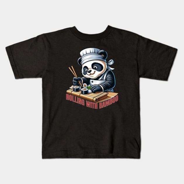 Sushi Chef Panda | Bamboo Mat Rolling Culinary Tee Kids T-Shirt by vk09design